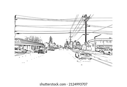  Building view with landmark of Merced is the city in California. Hand drawn sketch illustration in vector.