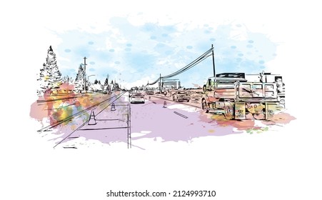  Building view with landmark of Merced is the city in California. Watercolor splash with hand drawn sketch illustration in vector.