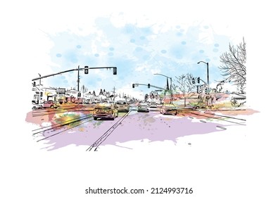  Building view with landmark of Merced is the city in California. Watercolor splash with hand drawn sketch illustration in vector.