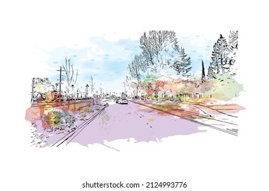  Building view with landmark of Merced is the city in California. Watercolor splash with hand drawn sketch illustration in vector.