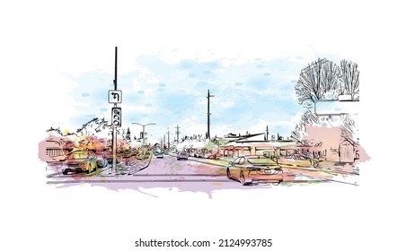  Building view with landmark of Merced is the city in California. Watercolor splash with hand drawn sketch illustration in vector.