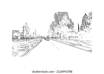  Building view with landmark of Merced is the city in California. Hand drawn sketch illustration in vector.