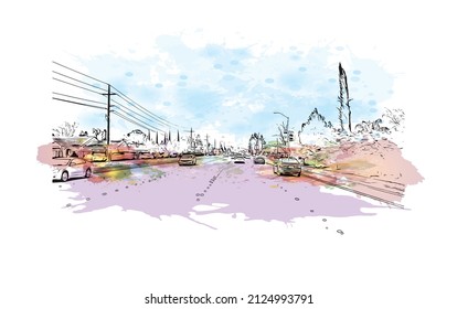  Building view with landmark of Merced is the city in California. Watercolor splash with hand drawn sketch illustration in vector.