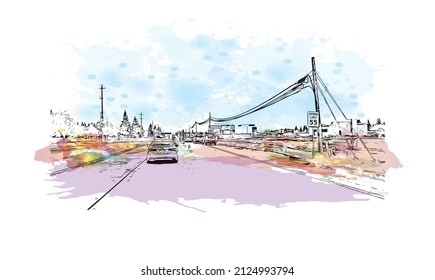  Building view with landmark of Merced is the city in California. Watercolor splash with hand drawn sketch illustration in vector.