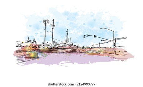  Building view with landmark of Merced is the city in California. Watercolor splash with hand drawn sketch illustration in vector.