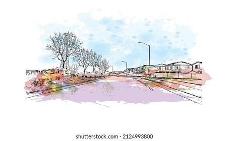  Building view with landmark of Merced is the city in California. Watercolor splash with hand drawn sketch illustration in vector.