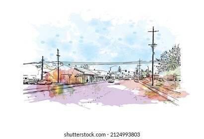  Building view with landmark of Merced is the city in California. Watercolor splash with hand drawn sketch illustration in vector.