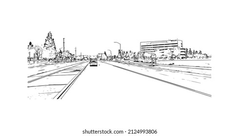  Building view with landmark of Merced is the city in California. Hand drawn sketch illustration in vector.