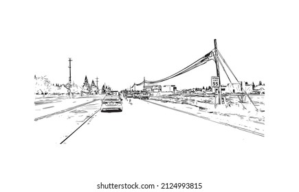  Building view with landmark of Merced is the city in California. Hand drawn sketch illustration in vector.