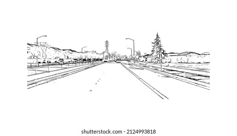  Building view with landmark of Merced is the city in California. Hand drawn sketch illustration in vector.