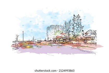  Building view with landmark of Merced is the city in California. Watercolor splash with hand drawn sketch illustration in vector.