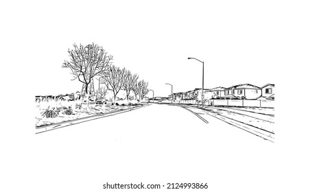  Building view with landmark of Merced is the city in California. Hand drawn sketch illustration in vector.