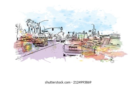  Building view with landmark of Merced is the city in California. Watercolor splash with hand drawn sketch illustration in vector.