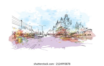  Building view with landmark of Merced is the city in California. Watercolor splash with hand drawn sketch illustration in vector.