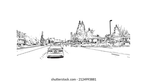  Building view with landmark of Merced is the city in California. Hand drawn sketch illustration in vector.