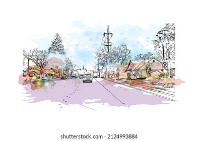  Building view with landmark of Merced is the city in California. Watercolor splash with hand drawn sketch illustration in vector.