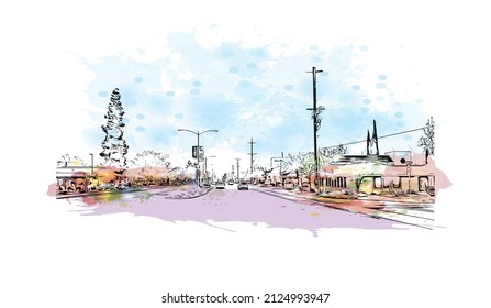  Building view with landmark of Merced is the city in California. Watercolor splash with hand drawn sketch illustration in vector.