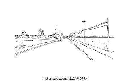  Building view with landmark of Merced is the city in California. Hand drawn sketch illustration in vector.