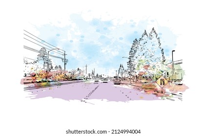  Building view with landmark of Merced is the city in California. Watercolor splash with hand drawn sketch illustration in vector.