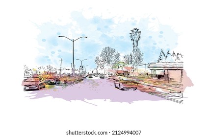  Building view with landmark of Merced is the city in California. Watercolor splash with hand drawn sketch illustration in vector.