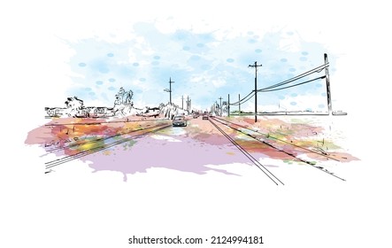  Building view with landmark of Merced is the city in California. Watercolor splash with hand drawn sketch illustration in vector.