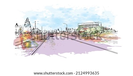 Building view with landmark of Merced is the city in California. Watercolor splash with hand drawn sketch illustration in vector.