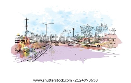  Building view with landmark of Merced is the city in California. Watercolor splash with hand drawn sketch illustration in vector.