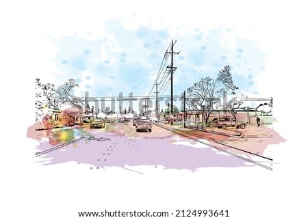  Building view with landmark of Merced is the city in California. Watercolor splash with hand drawn sketch illustration in vector.