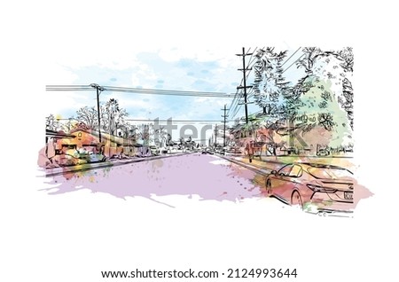  Building view with landmark of Merced is the city in California. Watercolor splash with hand drawn sketch illustration in vector.