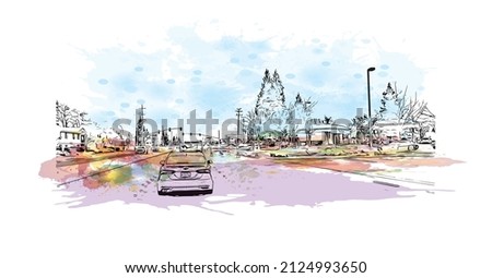  Building view with landmark of Merced is the city in California. Watercolor splash with hand drawn sketch illustration in vector.