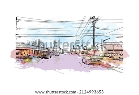  Building view with landmark of Merced is the city in California. Watercolor splash with hand drawn sketch illustration in vector.
