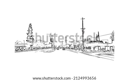 Building view with landmark of Merced is the city in California. Hand drawn sketch illustration in vector.