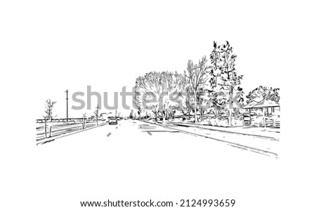  Building view with landmark of Merced is the city in California. Hand drawn sketch illustration in vector.