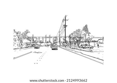  Building view with landmark of Merced is the city in California. Hand drawn sketch illustration in vector.