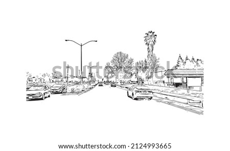  Building view with landmark of Merced is the city in California. Hand drawn sketch illustration in vector.