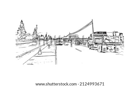  Building view with landmark of Merced is the city in California. Hand drawn sketch illustration in vector.