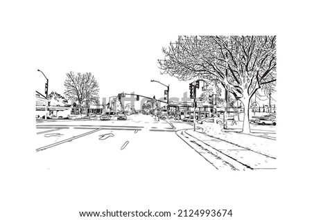  Building view with landmark of Merced is the city in California. Hand drawn sketch illustration in vector.