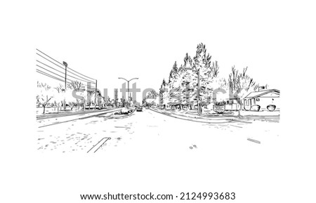  Building view with landmark of Merced is the city in California. Hand drawn sketch illustration in vector.