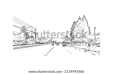 Building view with landmark of Merced is the city in California. Hand drawn sketch illustration in vector.