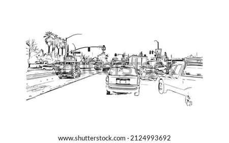  Building view with landmark of Merced is the city in California. Hand drawn sketch illustration in vector.