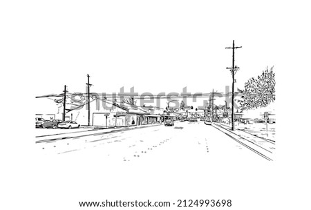 Building view with landmark of Merced is the city in California. Hand drawn sketch illustration in vector.