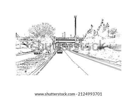 Building view with landmark of Merced is the city in California. Hand drawn sketch illustration in vector.