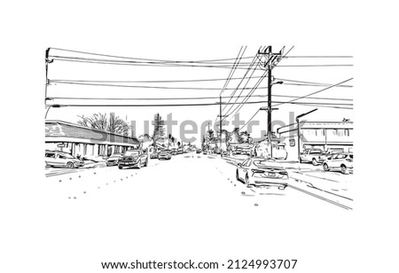  Building view with landmark of Merced is the city in California. Hand drawn sketch illustration in vector.