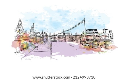  Building view with landmark of Merced is the city in California. Watercolor splash with hand drawn sketch illustration in vector.
