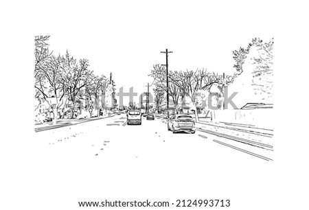  Building view with landmark of Merced is the city in California. Hand drawn sketch illustration in vector.