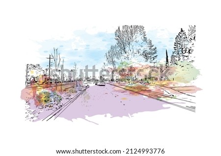  Building view with landmark of Merced is the city in California. Watercolor splash with hand drawn sketch illustration in vector.