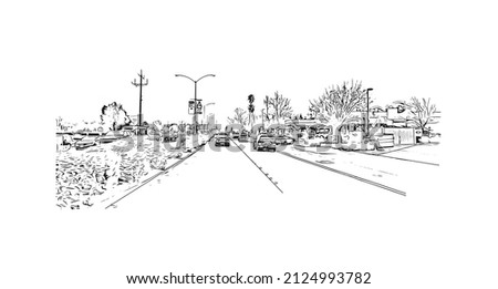  Building view with landmark of Merced is the city in California. Hand drawn sketch illustration in vector.