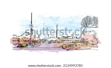  Building view with landmark of Merced is the city in California. Watercolor splash with hand drawn sketch illustration in vector.