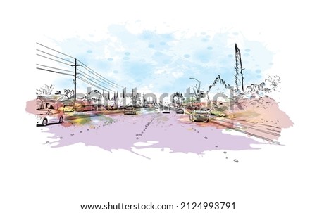  Building view with landmark of Merced is the city in California. Watercolor splash with hand drawn sketch illustration in vector.