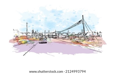  Building view with landmark of Merced is the city in California. Watercolor splash with hand drawn sketch illustration in vector.